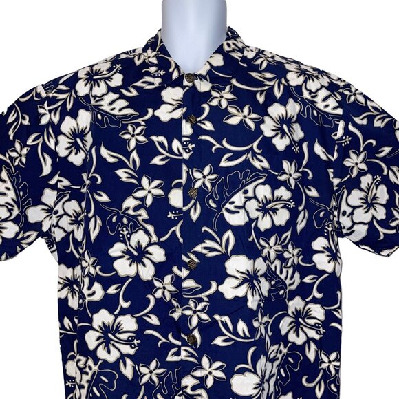 Retro Hilo Hattie Hawaiian Shirt Mens XL Floral Plumeria Leaf Aloha Beach Blue - Picture 2 of 10